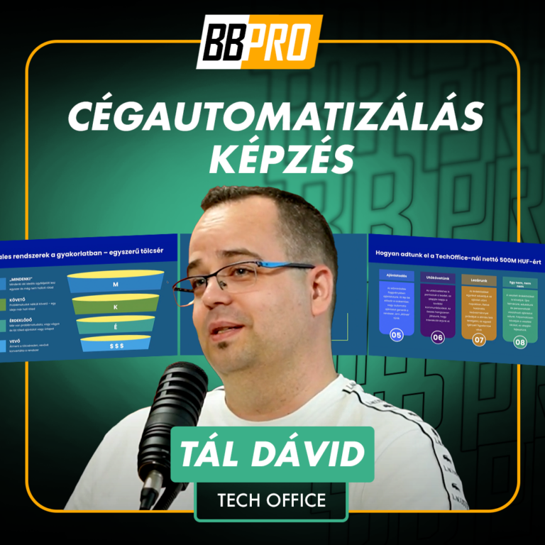 Tál Dávid, a TechOffice tulajdonosa. 500 milliós árbevételű kereskedelmi cégében 4000 ügyfelet szolgálnak ki egy 10 fős csapattal. A Cégautomatizálás kurzusban folyamatfejlesztést tanít a BB PRO tagoknak.